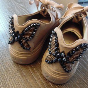 AGL beige Leather Beaded Butterfly lace up sneakers.  36 Italy